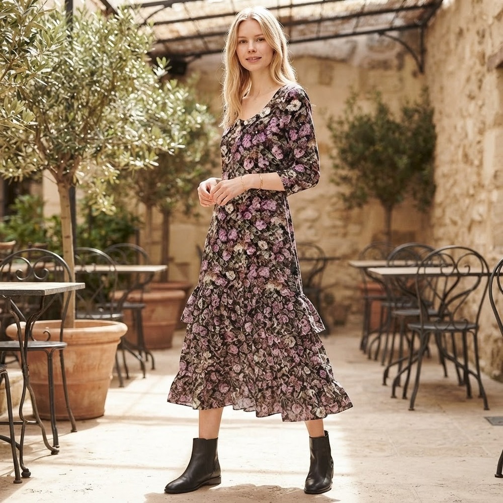 Salt Luxe Floral Tiered Midi Dress Multi Purple Pink Size M S1991